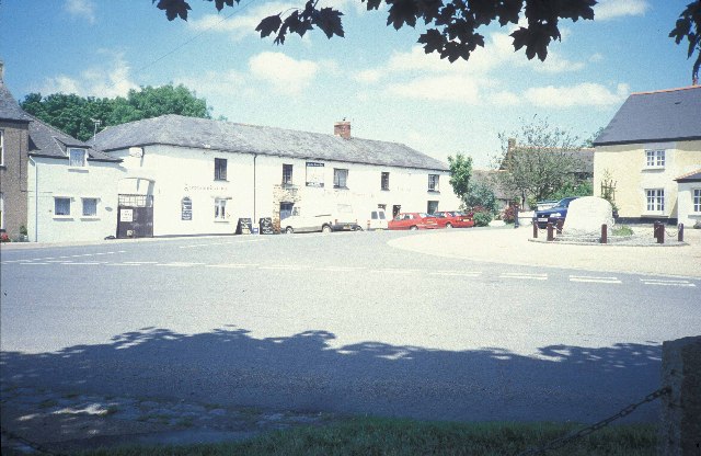 Shebbear. The centre of the village, with the Devil's Stone Inn featuring prominently