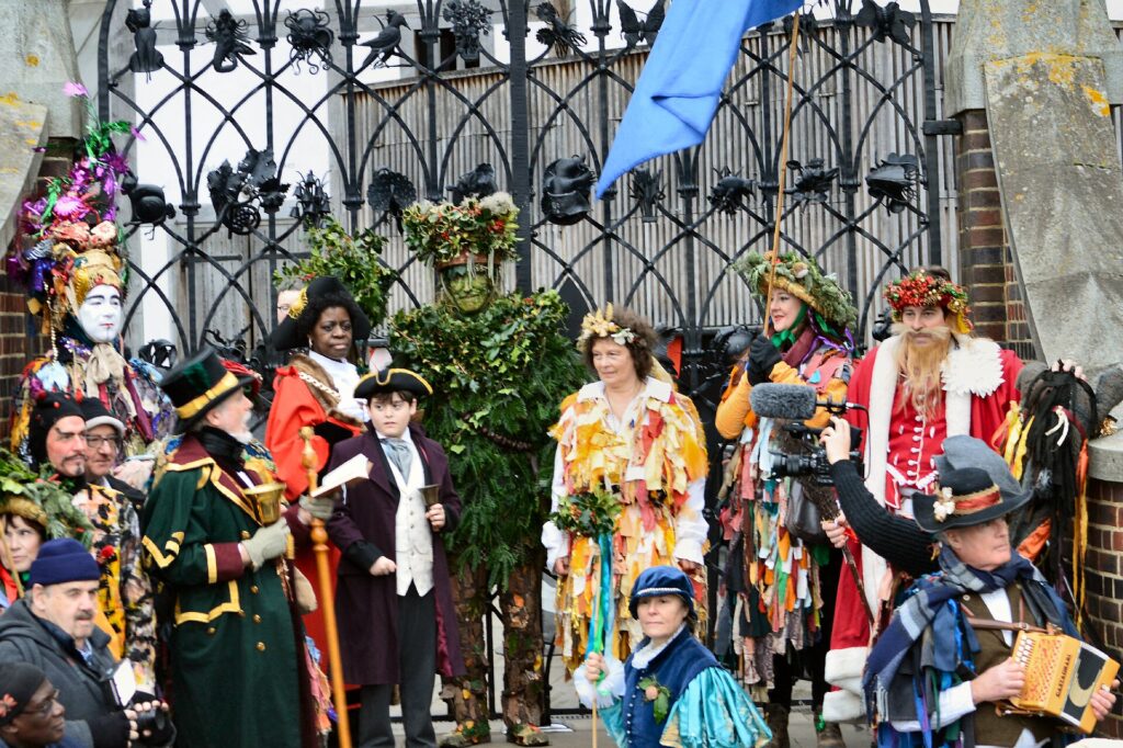 Twelfth Night celebrations 2020. The Bankside Mummers outside the Globe
